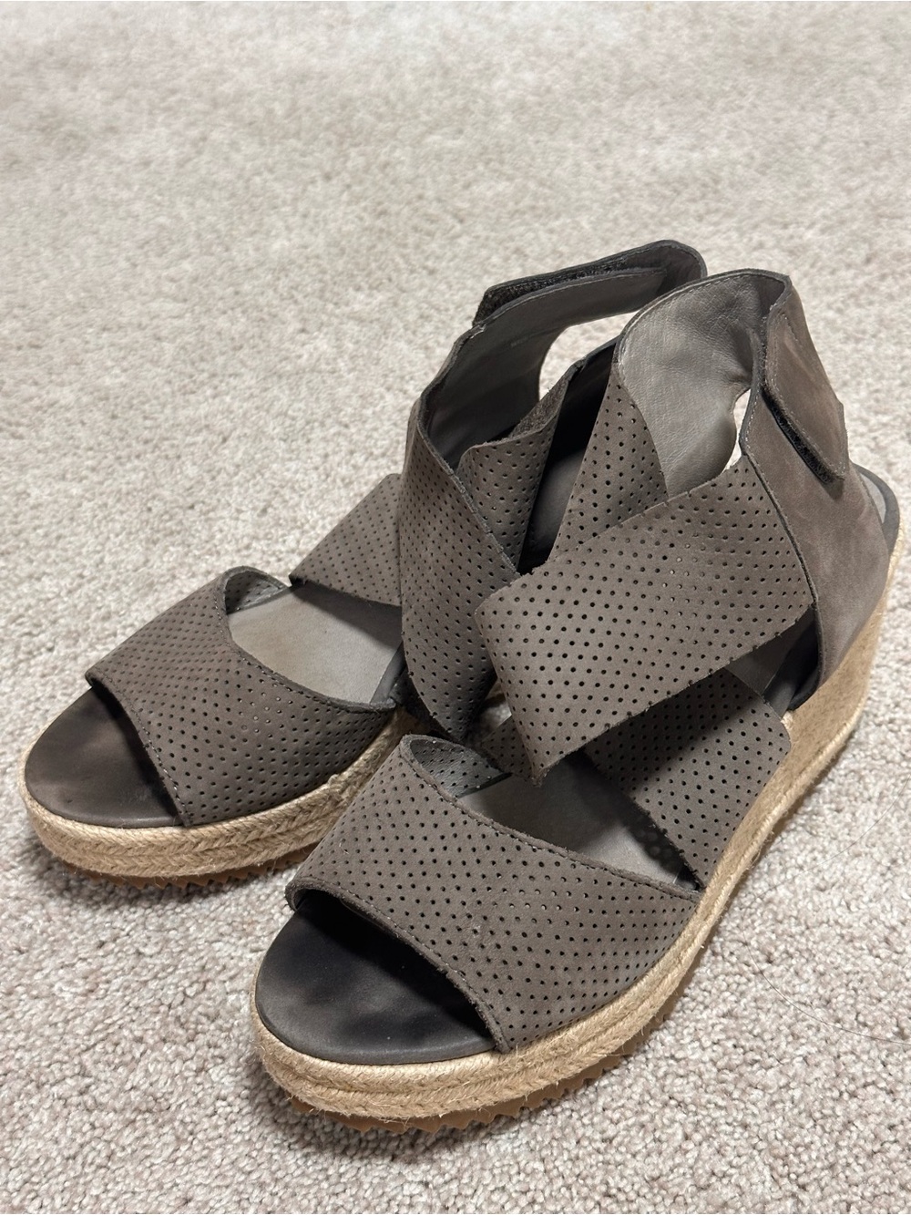 Eileen Fisher Willow Gray Espadrille Platform Wedge Sandals Size 6.5